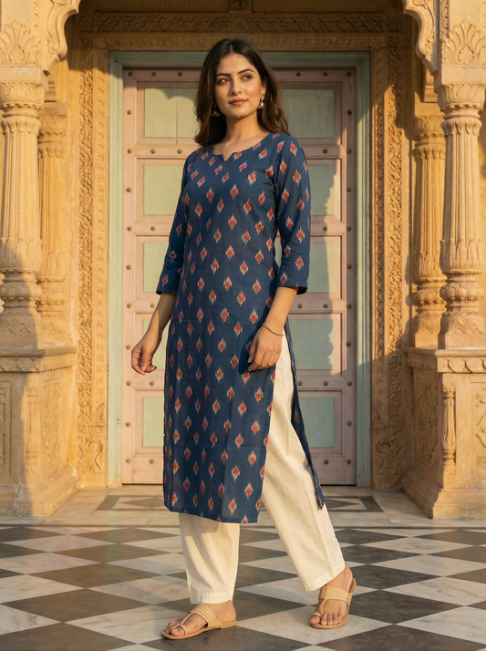 Indigo Premium Cotton Ikat Straight Kurti