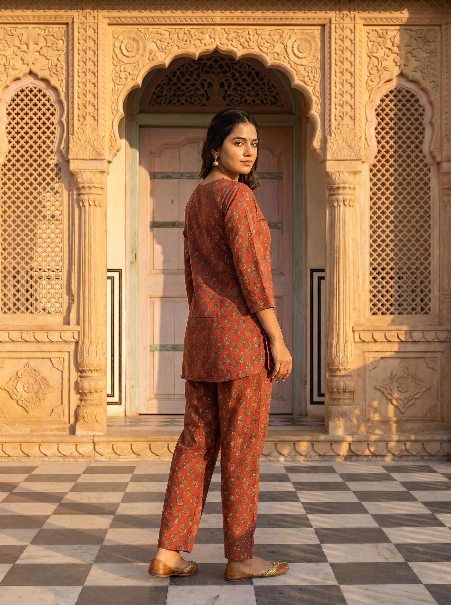 Soft Terracotta Mughal Leaf Butti Block Print Co-ord Set