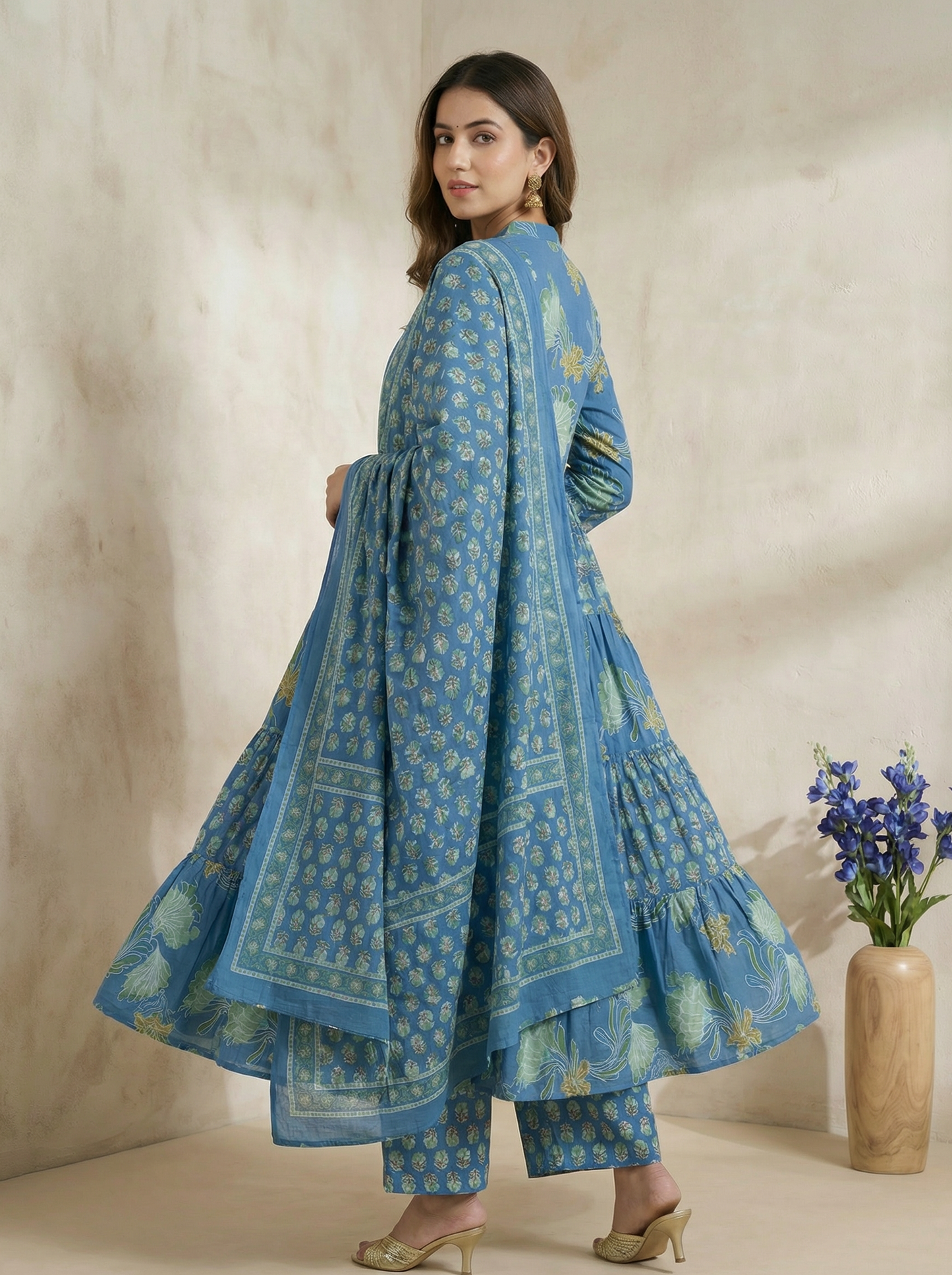 Soft Indigo Blue Floral Printed 100% Pure Cotton Anarkali Suit Set of 3 Pieces