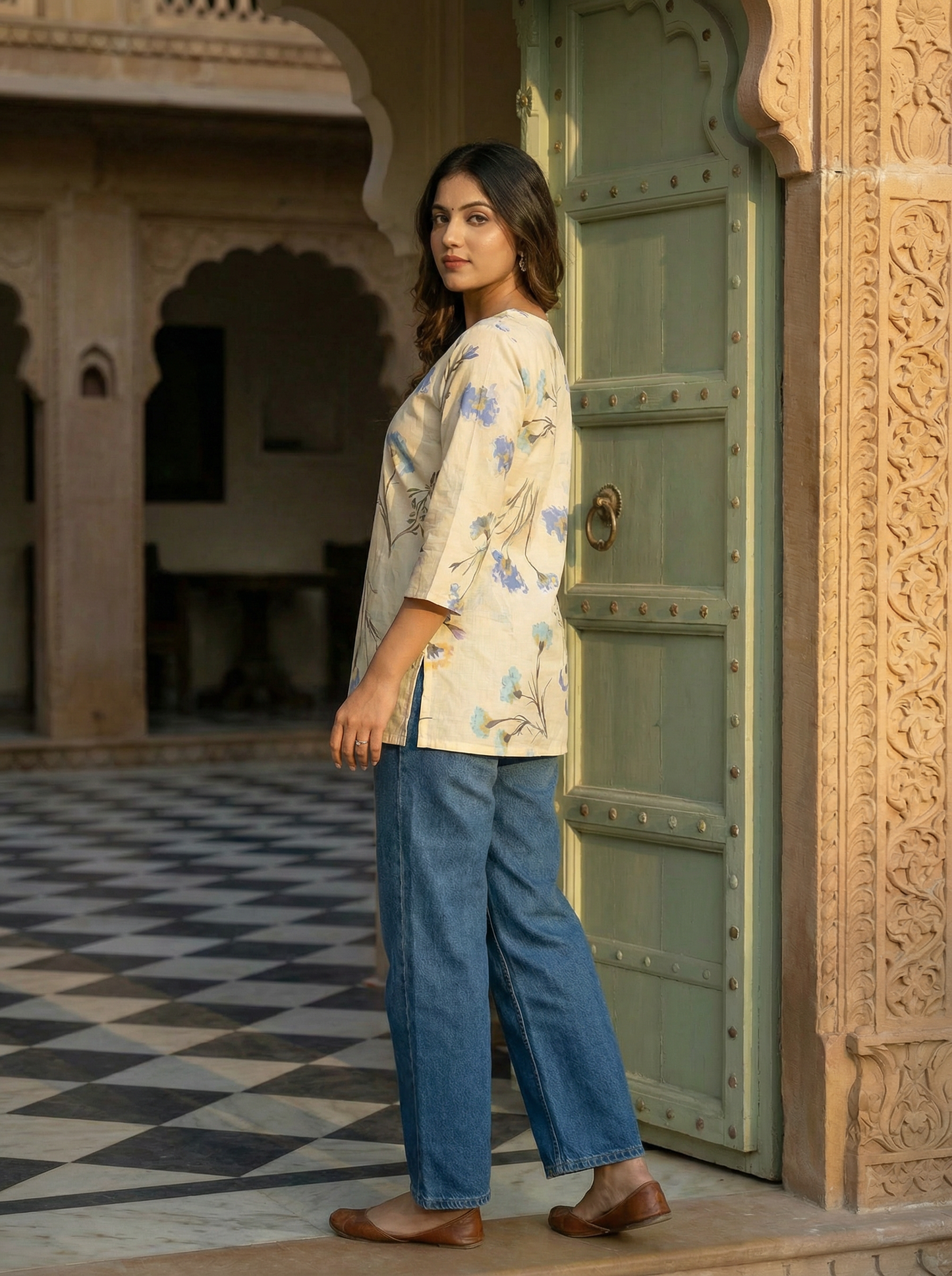 Premium Cotton Flower Sketch Short Kurti