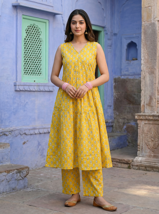 Sunshine Yellow Butti Block Print Tiered Anarkali Set