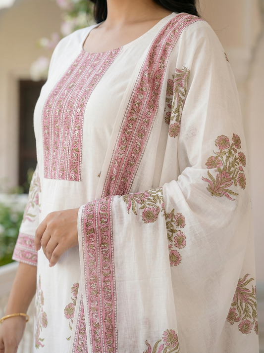 Ivory Handblock Printed Premium Soft Cotton Suit Set with Blush Pink Motifs (3-Piece)