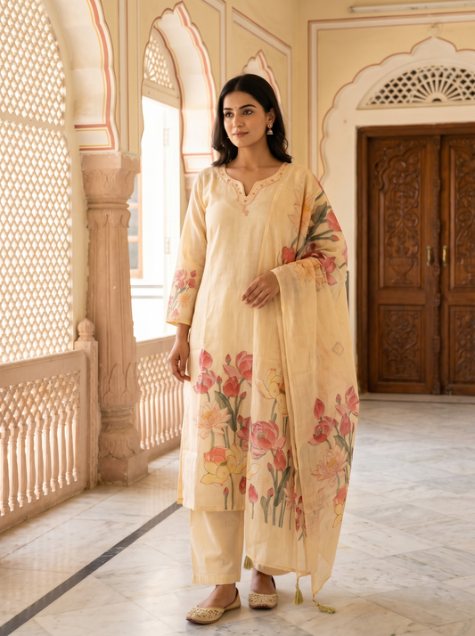 Ivory Gold kalamkari handblock Print Kota Doria Suit Set of 3 peices