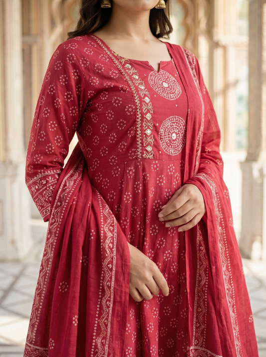 Crimson red Bandhani Print Anarkali Suit Set of 3 peices
