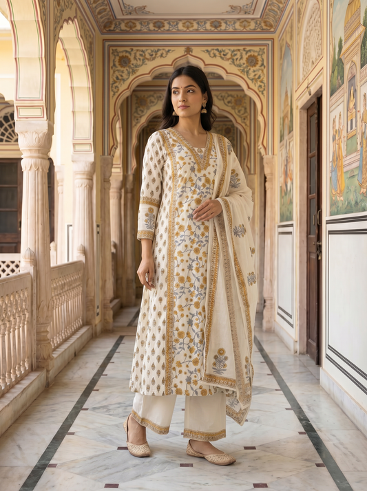 Ivory White Mustard Floral Block Print Suit Set