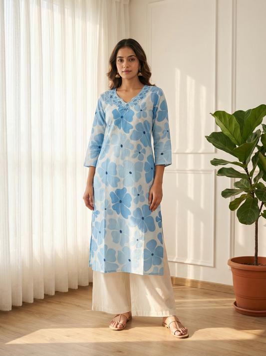 Blue Blossom Premium CottonEmbroidered Straight Kurta