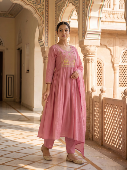 Rose Pink Shekhawati Embroidered Anarkali Suit Set of 3 peices