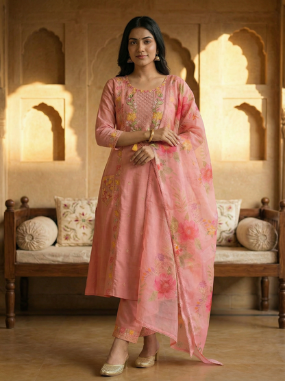 Blush Pink Embroidered Kurta Set with Floral Dupatta — 3 Piece | With front Embroidered Pockets
