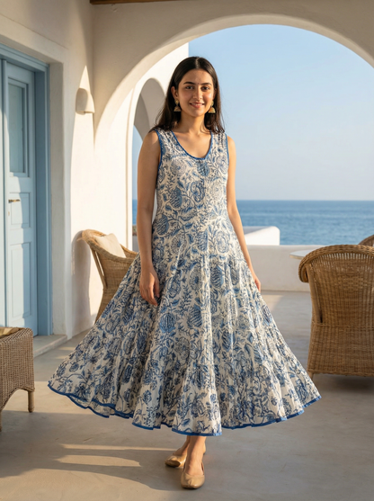 Soft Cambric Cotton Hand Block Floral Print Anarkali Kurti with Heavy Flare