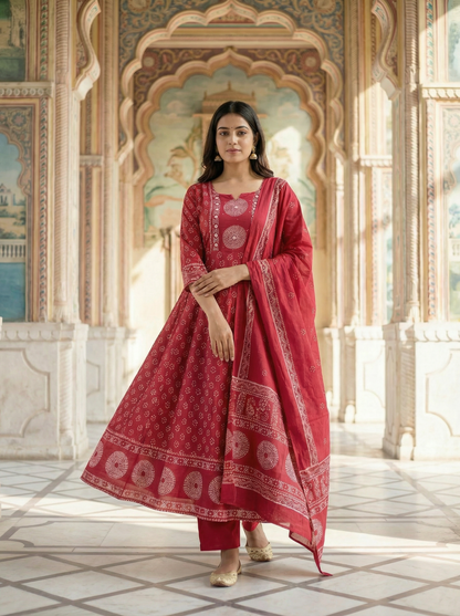 Crimson red Bandhani Print Anarkali Suit Set of 3 peices