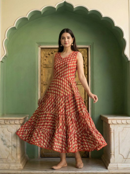 Soft Cambric Cotton Hand Block Floral Print Anarkali Kurti with Heavy Flare