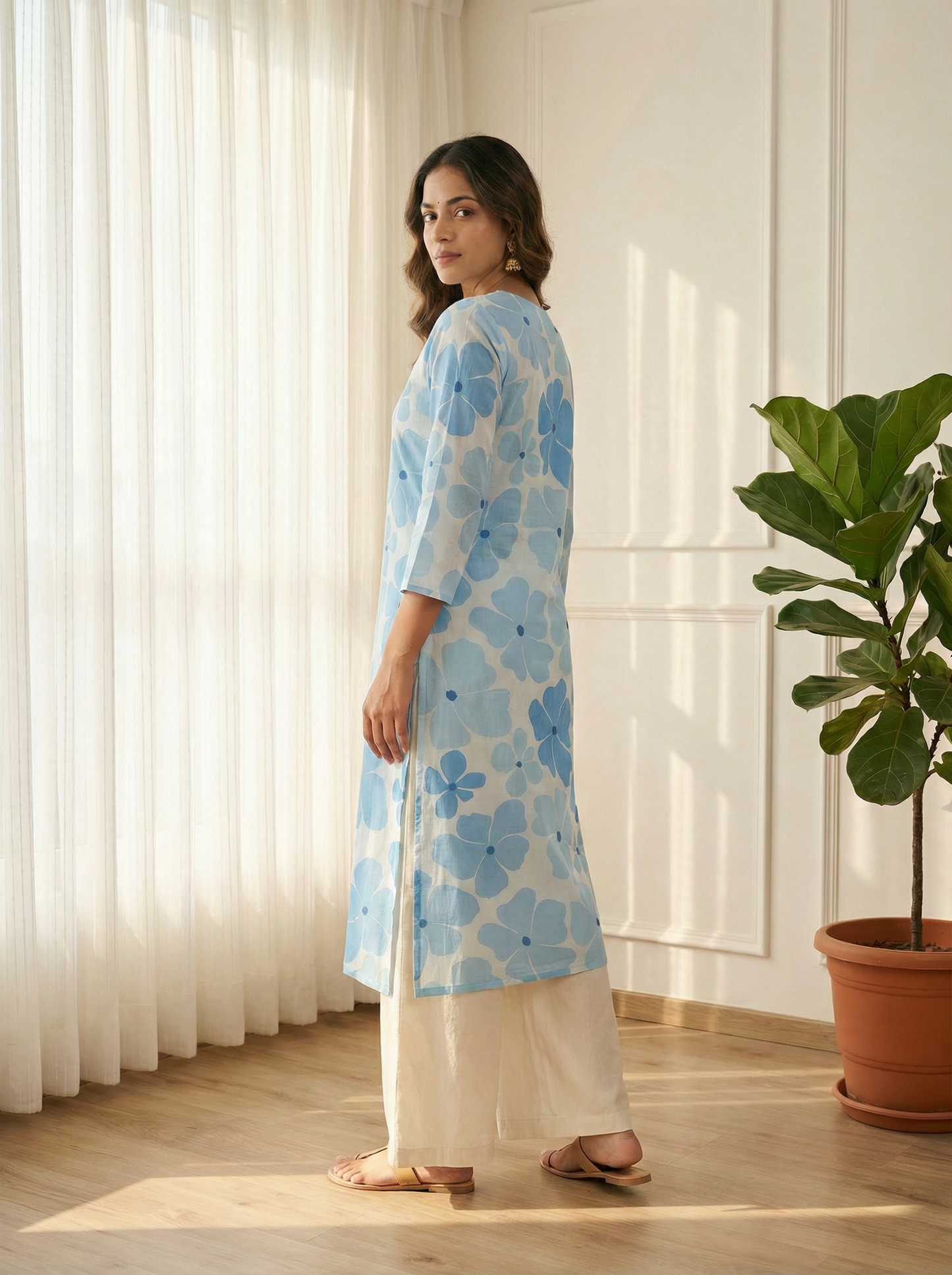 Blue Blossom Premium CottonEmbroidered Straight Kurta
