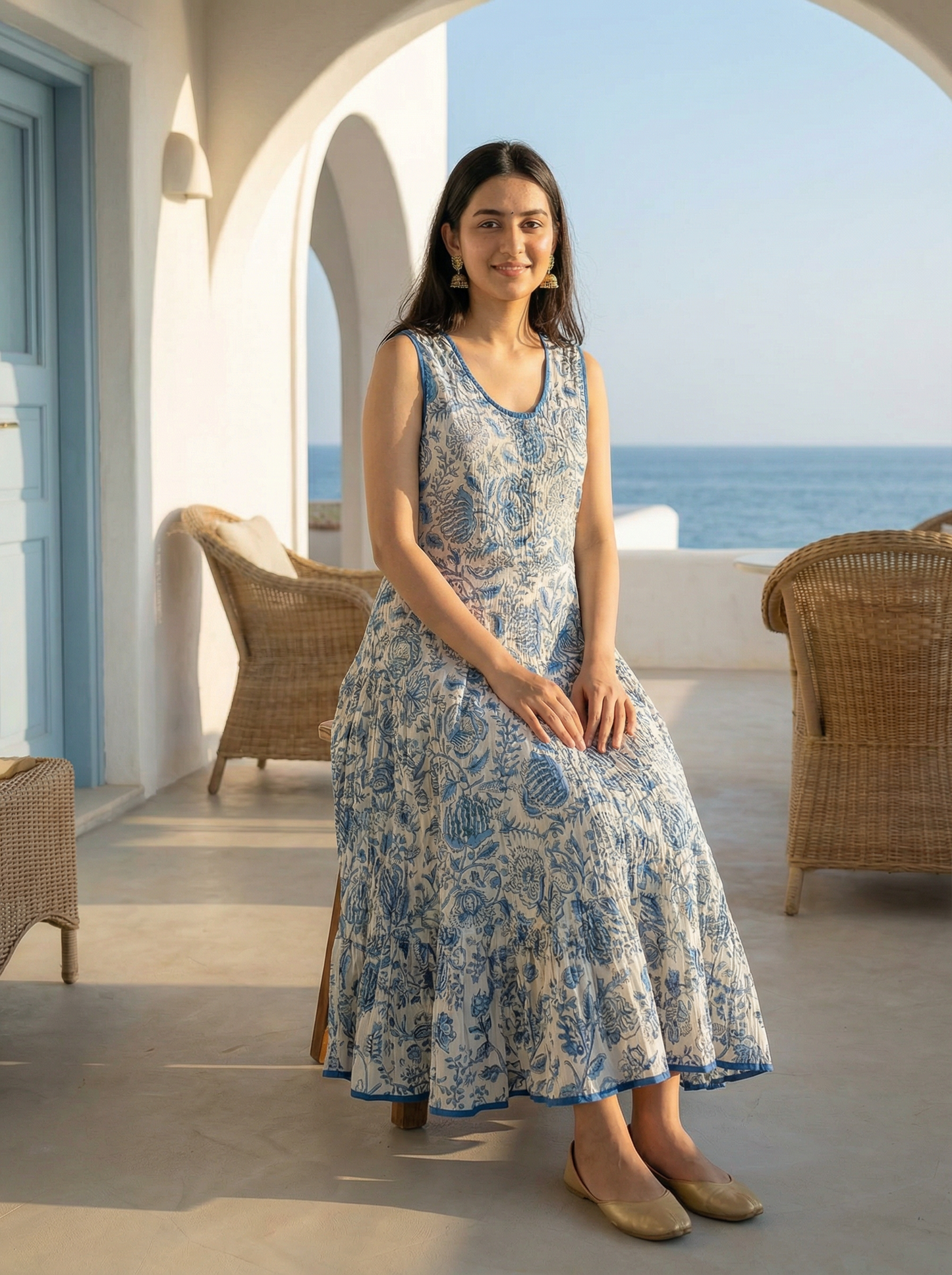 Soft Cambric Cotton Hand Block Floral Print Anarkali Kurti with Heavy Flare