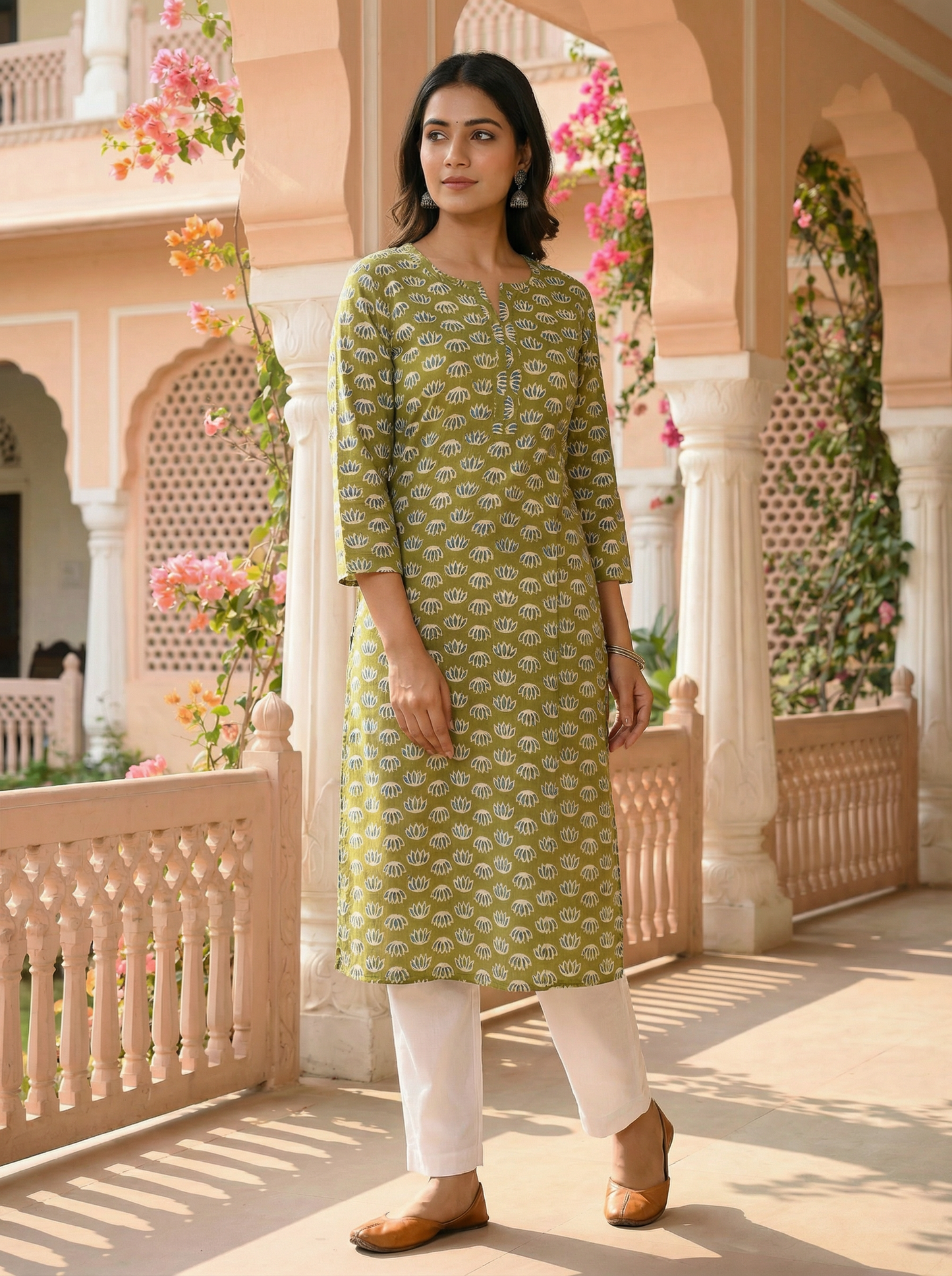 Olive Lotus Handblock Cotton Kurti