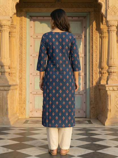 Indigo Premium Cotton Ikat Straight Kurti