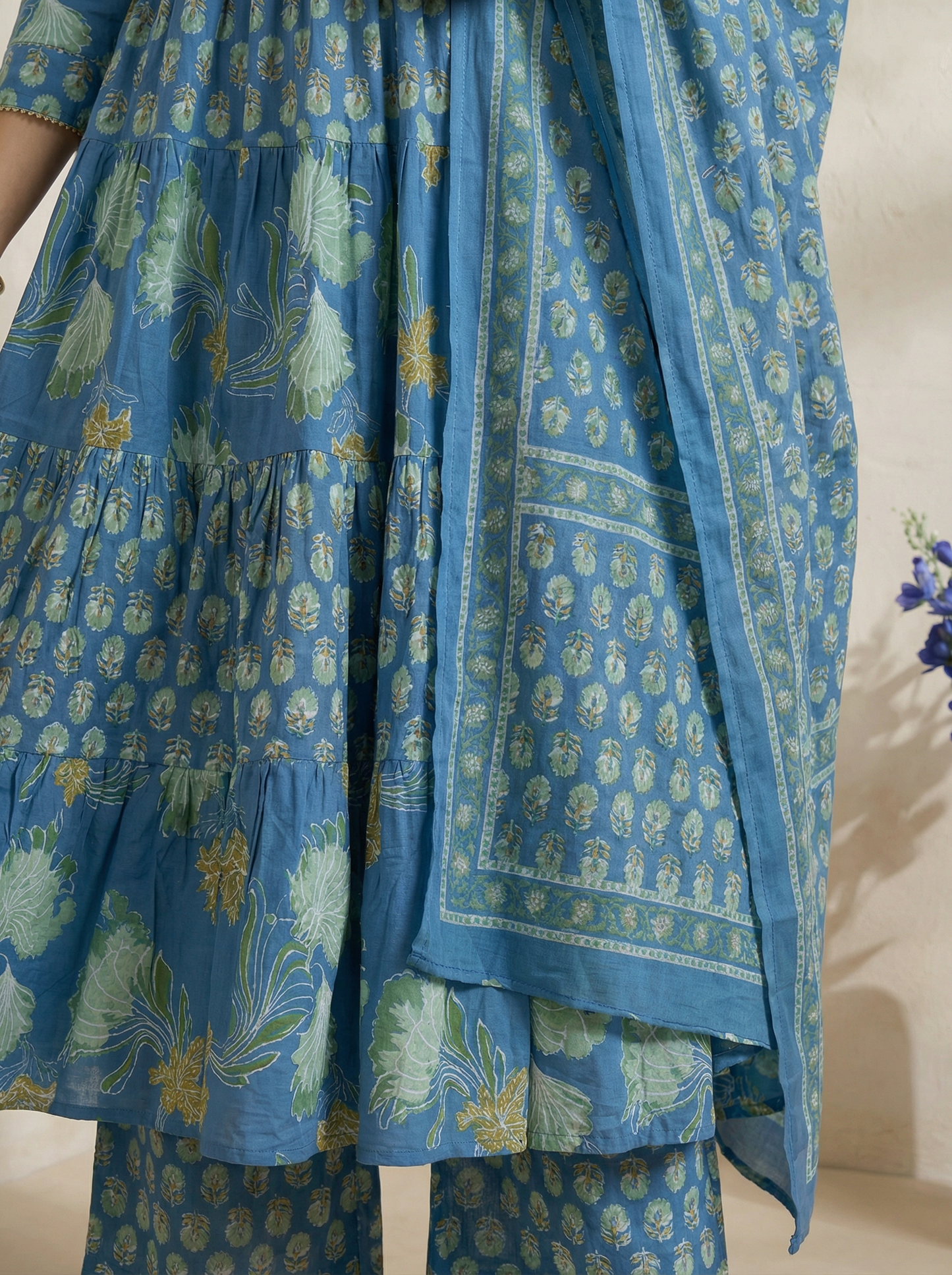 Soft Indigo Blue Floral Printed 100% Pure Cotton Anarkali Suit Set of 3 Pieces