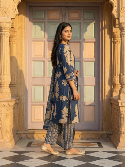 Slate Blue Gold Leaf Block Print Suit Set of 3 peices