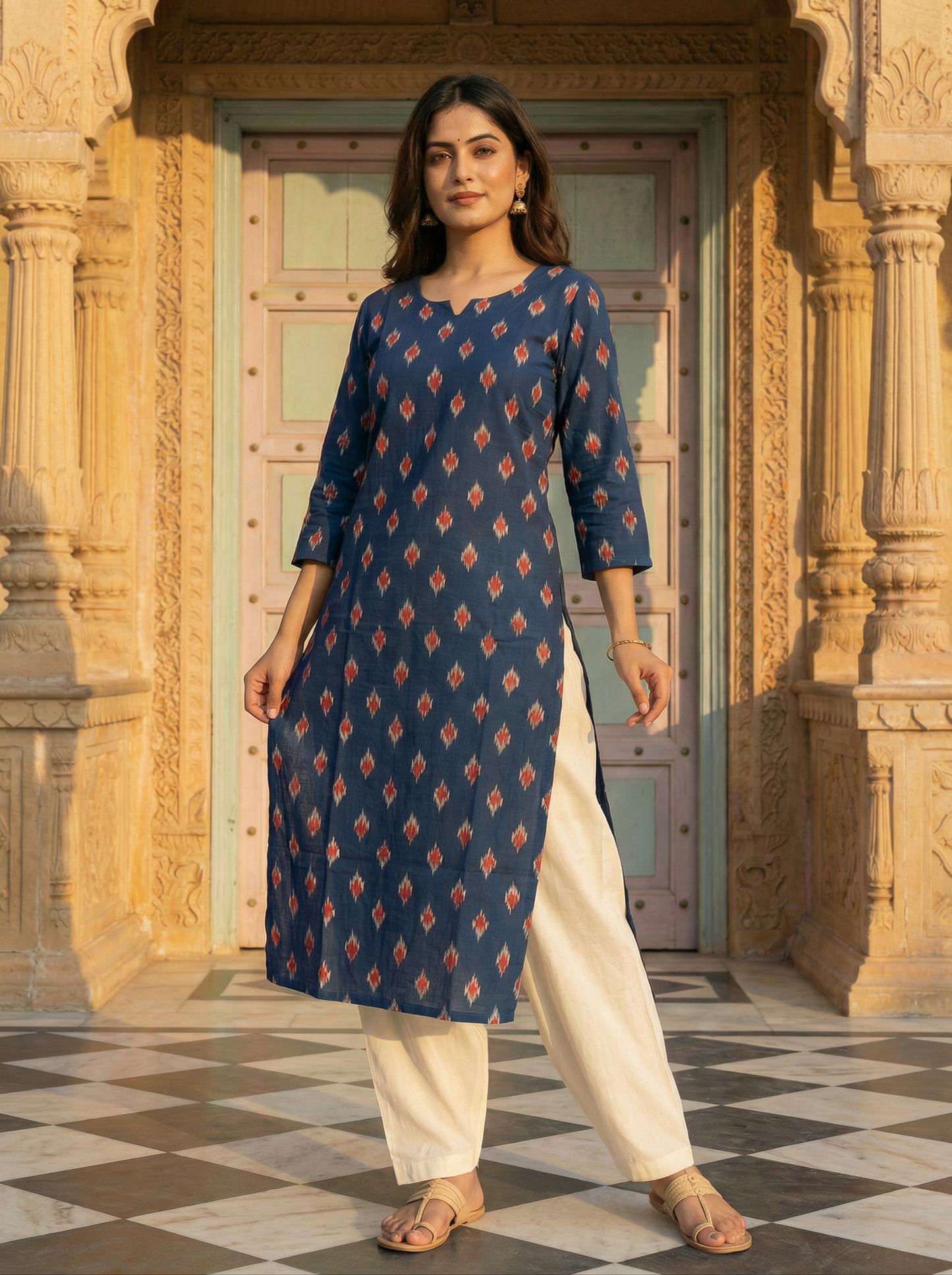 Indigo Premium Cotton Ikat Straight Kurti