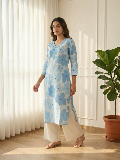 Blue Blossom Premium CottonEmbroidered Straight Kurta