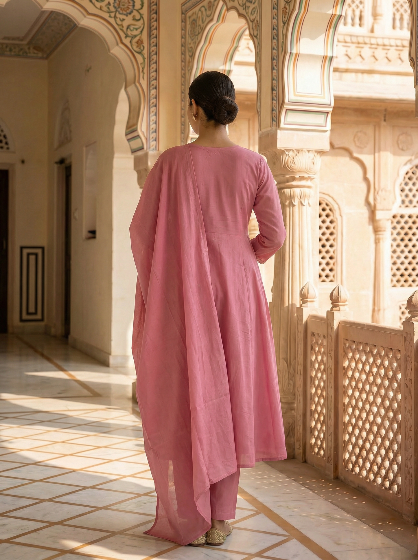 Rose Pink Shekhawati Embroidered Anarkali Suit Set of 3 peices