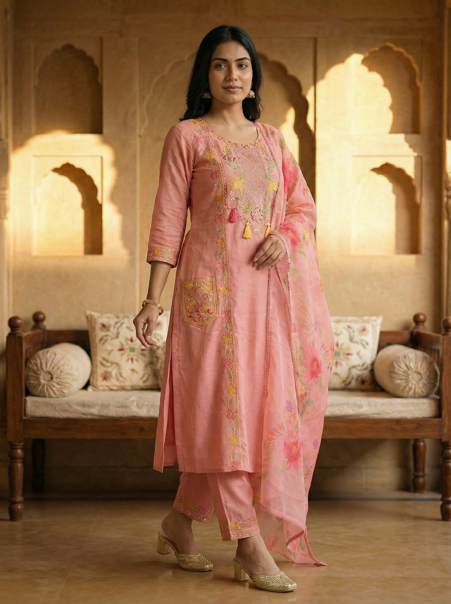 Blush Pink Embroidered Kurta Set with Floral Dupatta — 3 Piece | With front Embroidered Pockets
