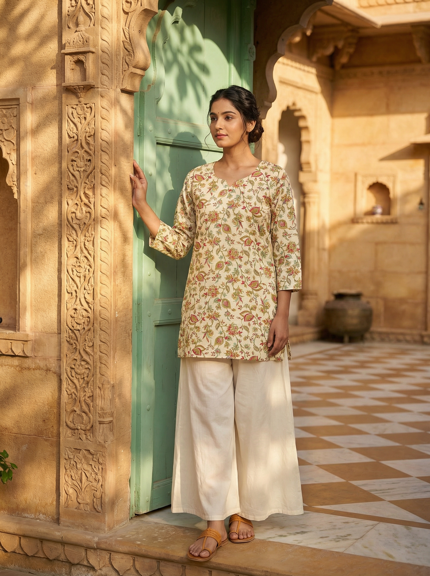 Ivory Jaal Floral Premium Cotton Short Kurti