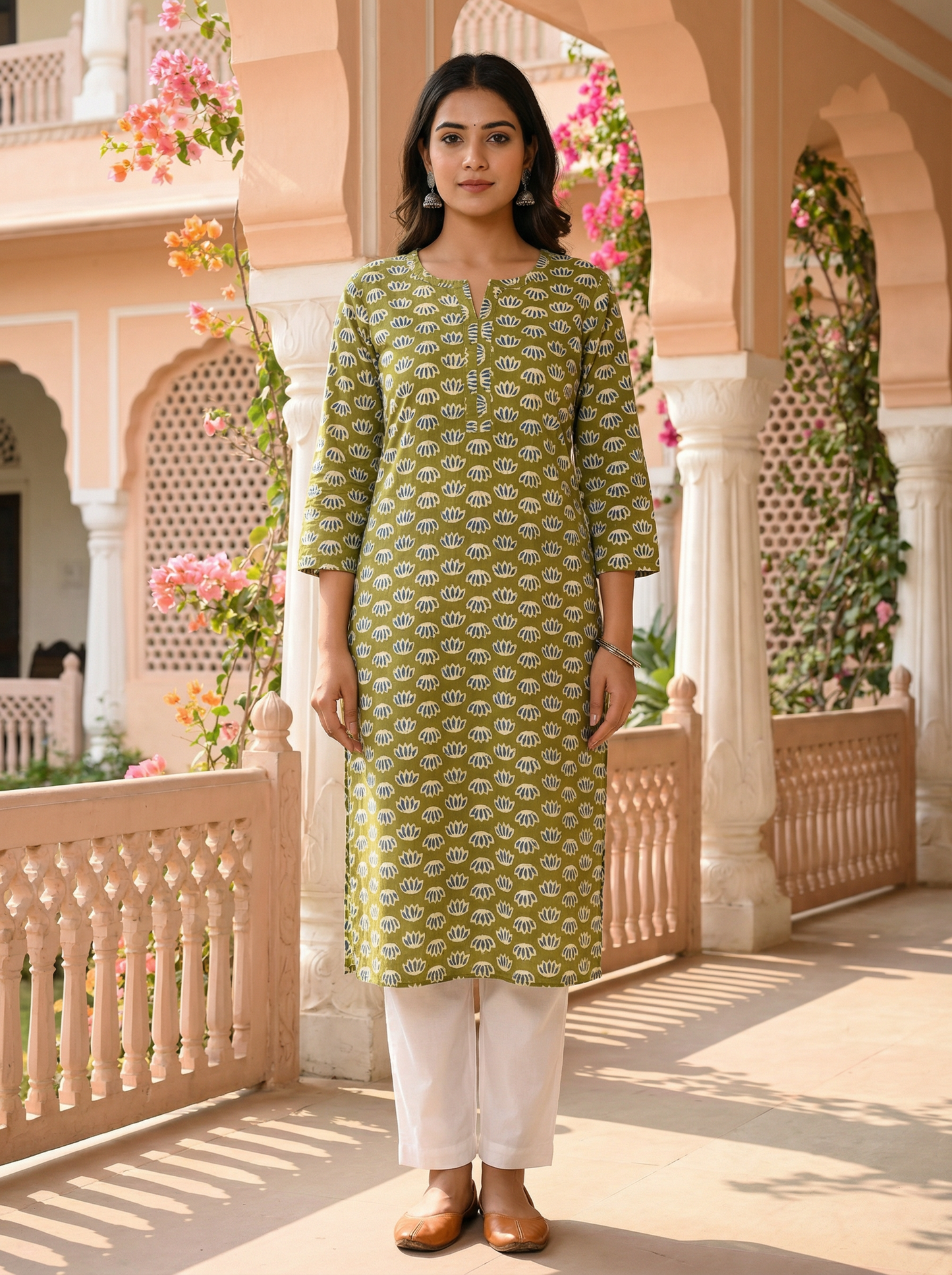 Olive Lotus Handblock Cotton Kurti