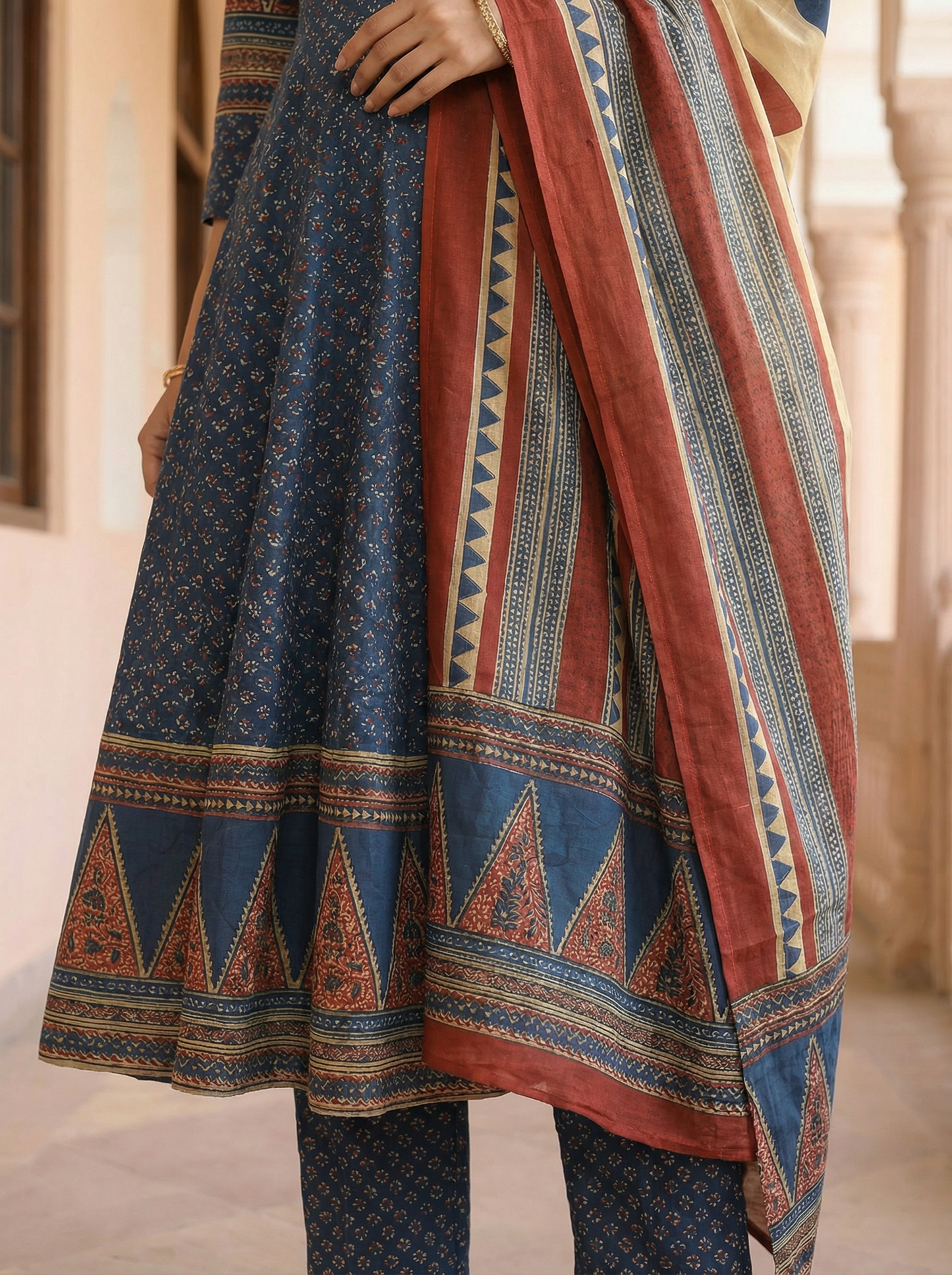 Indigo Ajrakh Anarkali Suit Set | 100% Pure Cotton Printed | Flared Anarkali Kurti + Straight Pant + Dupatta | 3-Piece Set