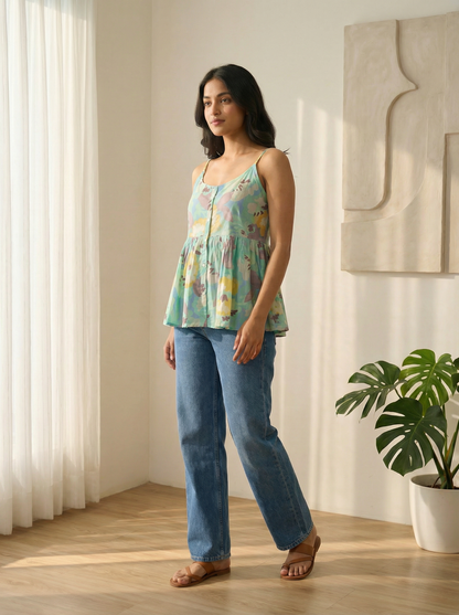 Summer Abstract Bloom Peplum Strappy Kurti Top