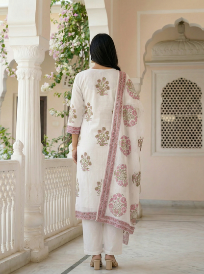 Ivory Handblock Printed Premium Soft  Cotton Suit Set with Blush Pink Motifs (3-Piece)