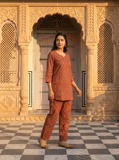 Soft Terracotta Mughal Leaf Butti Block Print Co-ord Set