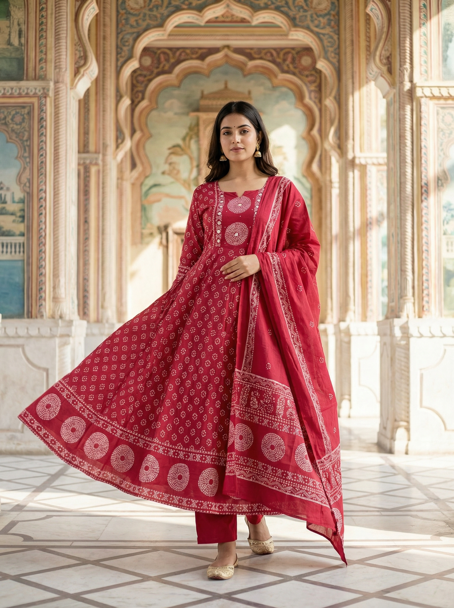 Crimson red Bandhani Print Anarkali Suit Set of 3 peices