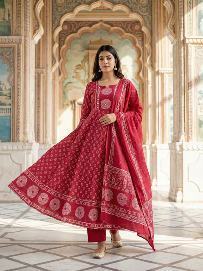 Crimson red Bandhani Print Anarkali Suit Set of 3 peices