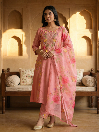 Blush Pink Embroidered Kurta Set with Floral Dupatta — 3 Piece | With front Embroidered Pockets