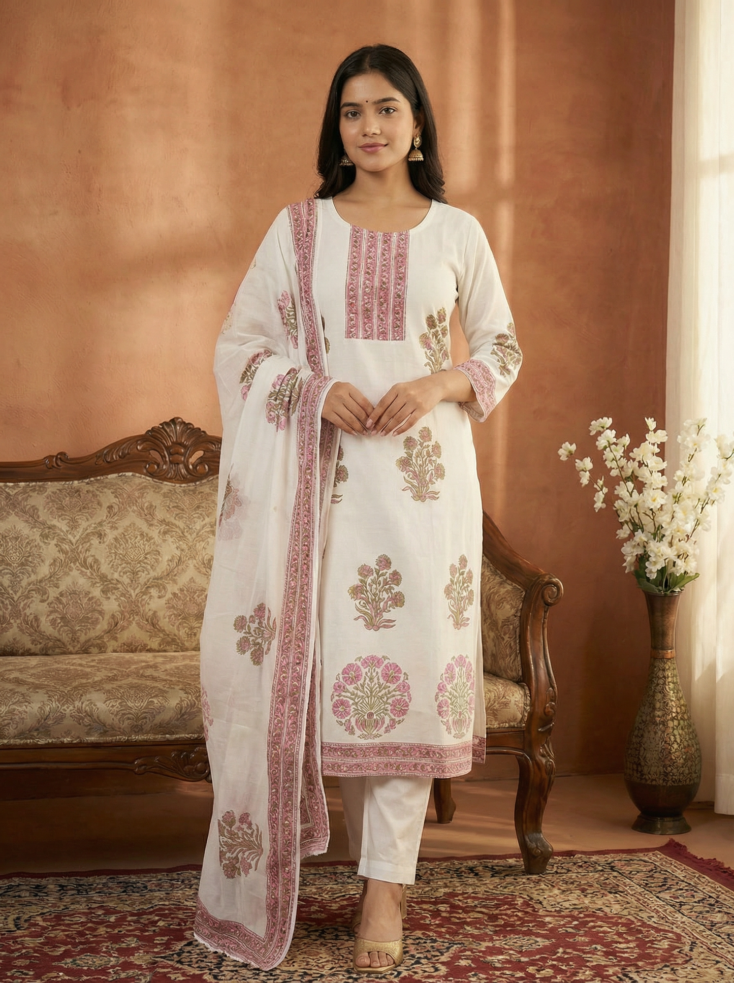 Ivory Handblock Printed Premium Soft  Cotton Suit Set with Blush Pink Motifs (3-Piece)