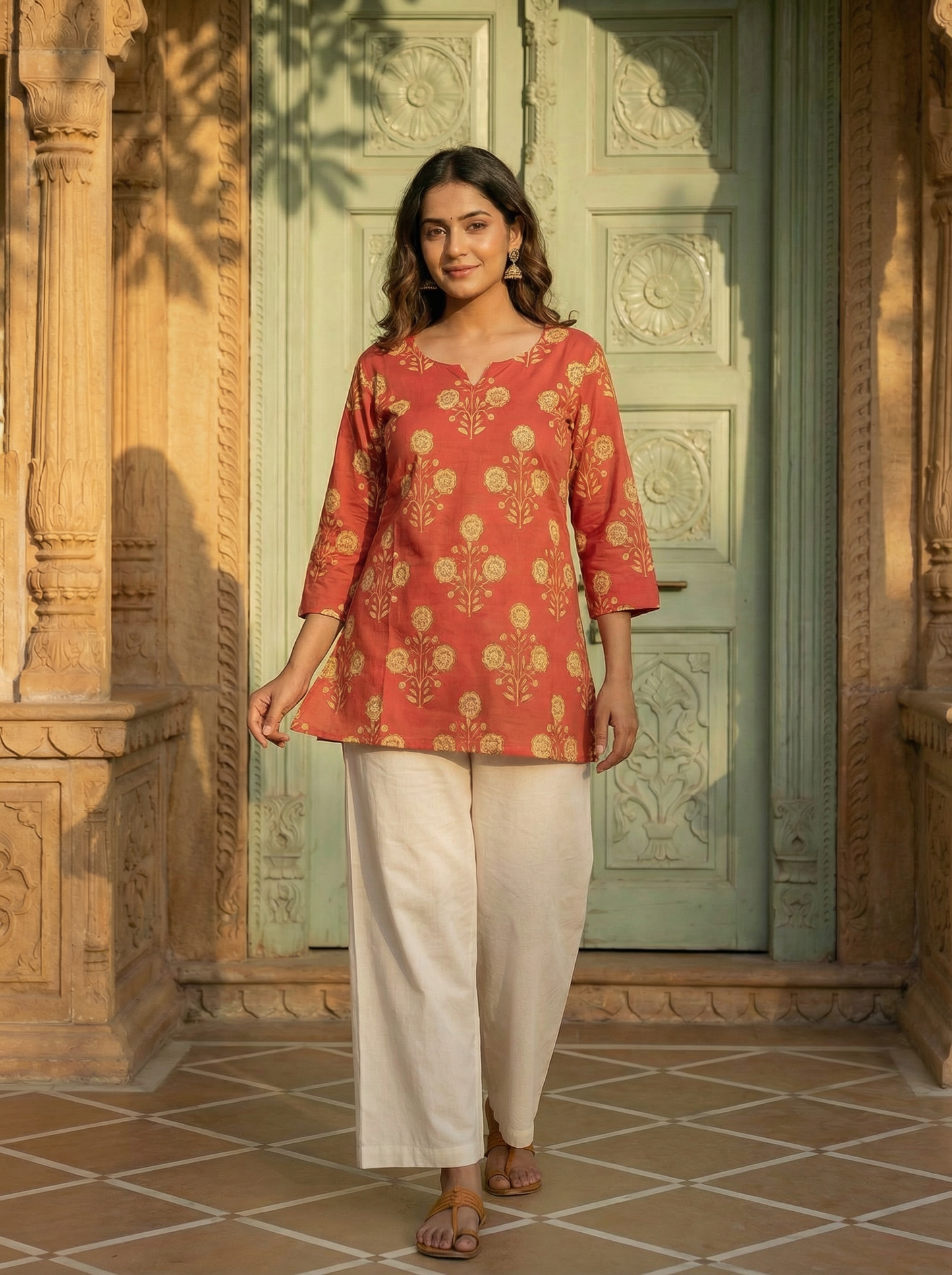 Rust Marigold Butti premium Cotton handblock Print Short Kurti