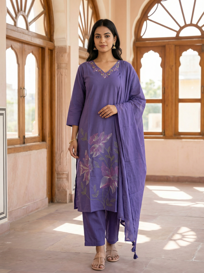 Purple Floral Embroidered Straight Suit Set | 100% Pure Cotton | Straight Kurti + Pant + Dupatta | Set of 3 Pieces