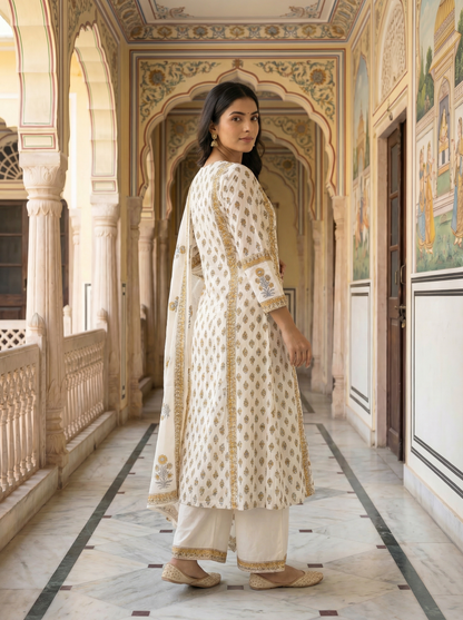 Ivory White Mustard Floral Block Print Suit Set