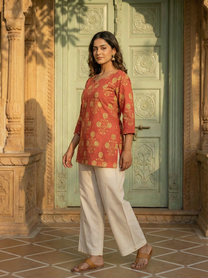 Rust Marigold Butti premium Cotton handblock Print Short Kurti