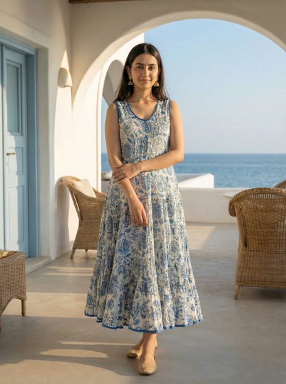 Soft Cambric Cotton Hand Block Floral Print Anarkali Kurti with Heavy Flare