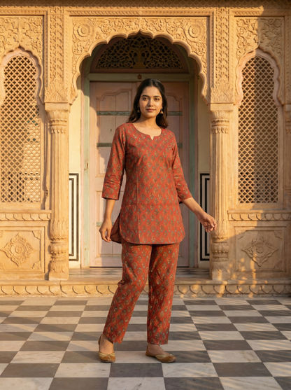 Soft Terracotta Mughal Leaf Butti Block Print Co-ord Set
