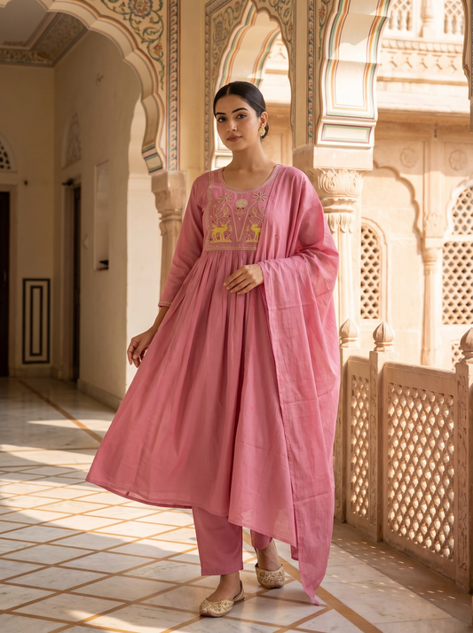 Rose Pink Shekhawati Embroidered Anarkali Suit Set of 3 peices