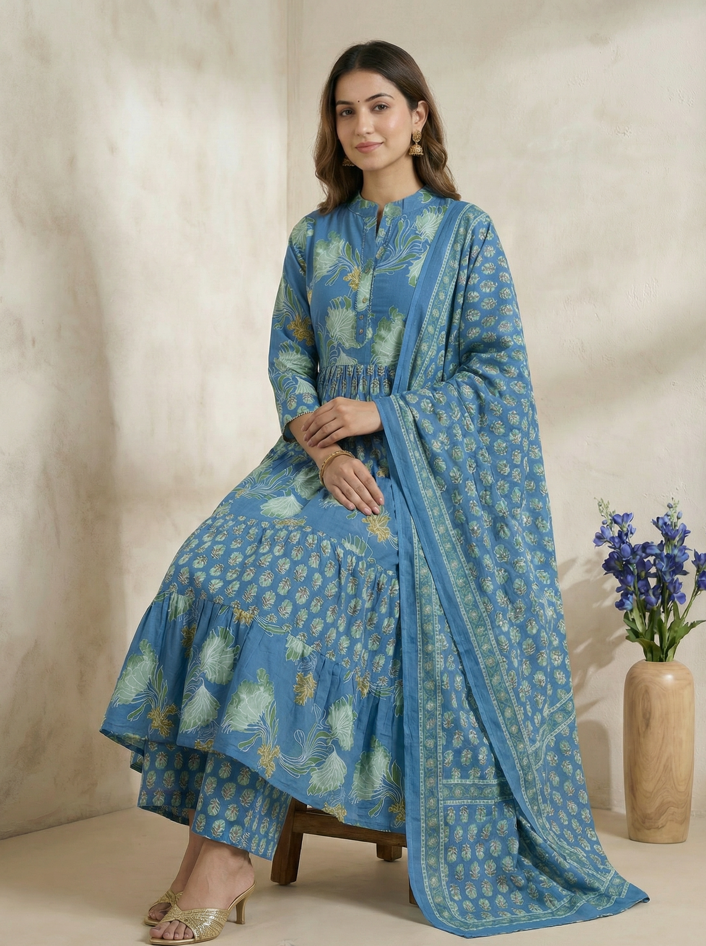 Soft Indigo Blue Floral Printed 100% Pure Cotton Anarkali Suit Set of 3 Pieces
