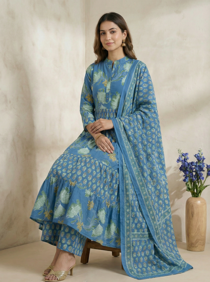 Soft Indigo Blue Floral Printed 100% Pure Cotton Anarkali Suit Set of 3 Pieces