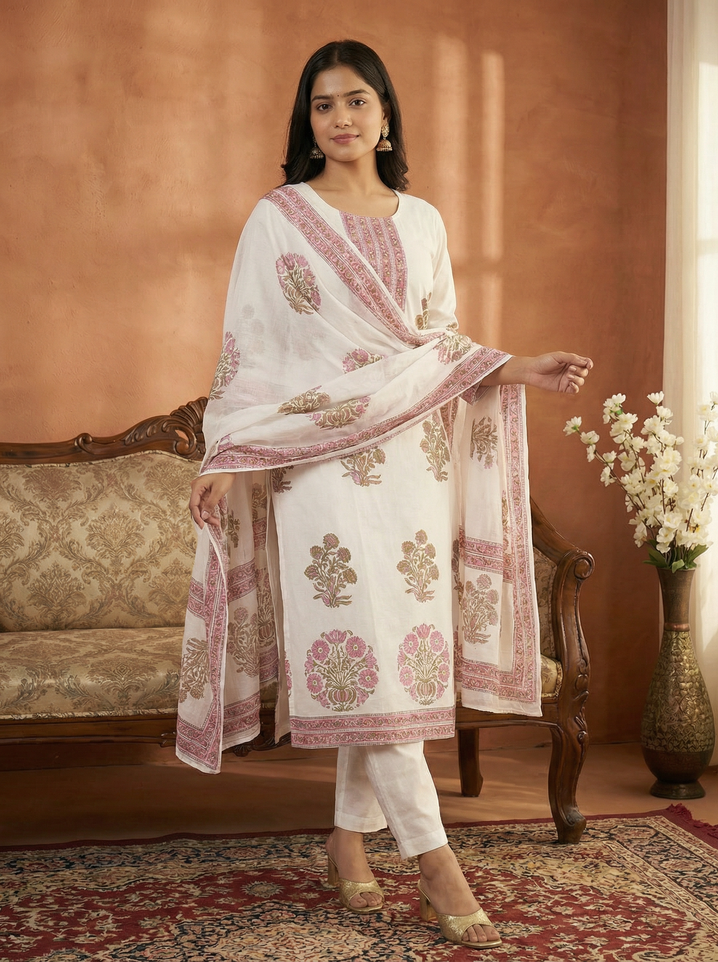 Ivory Handblock Printed Premium Soft  Cotton Suit Set with Blush Pink Motifs (3-Piece)