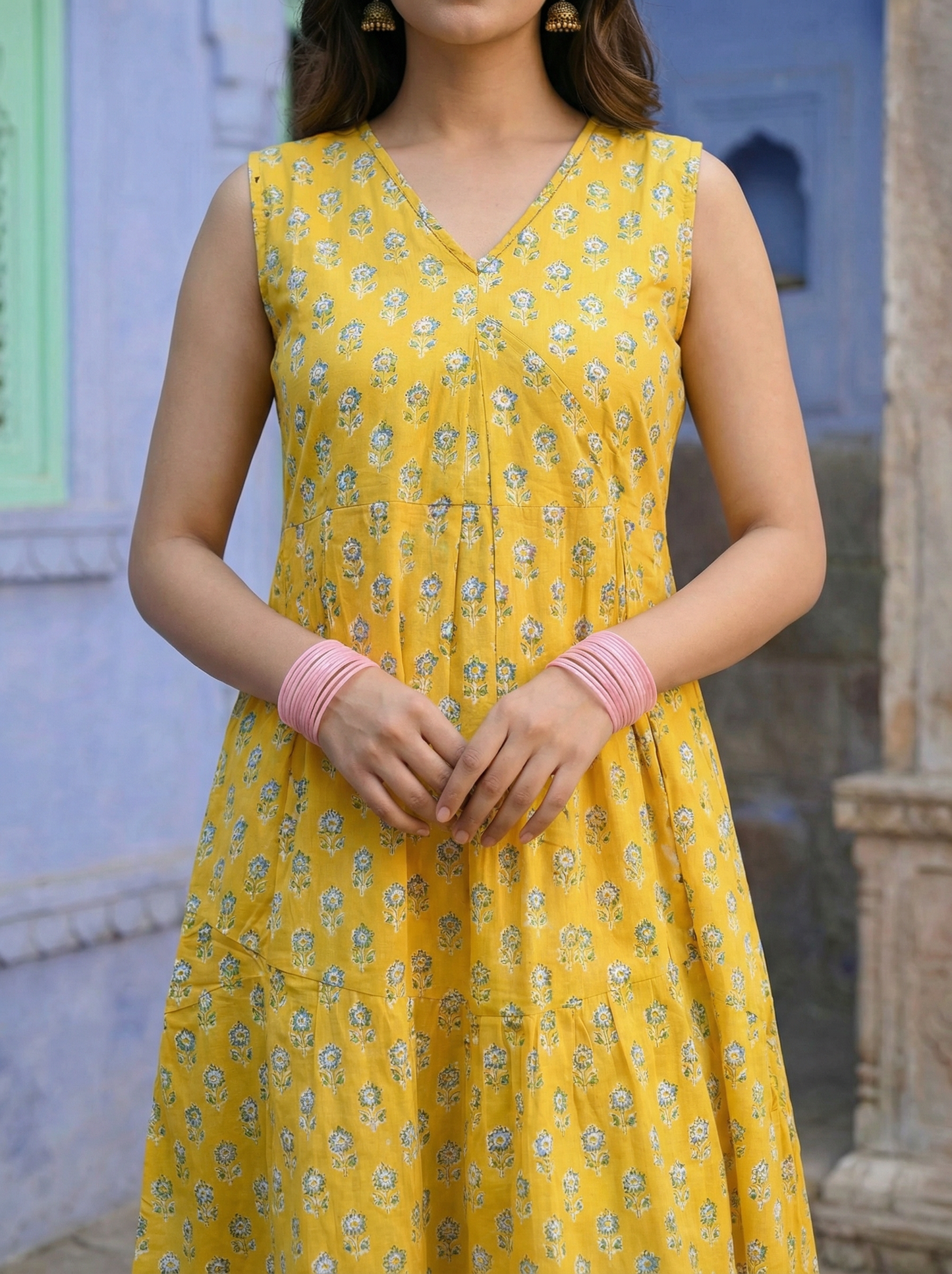Sunshine Yellow Butti Block Print Tiered Anarkali Set