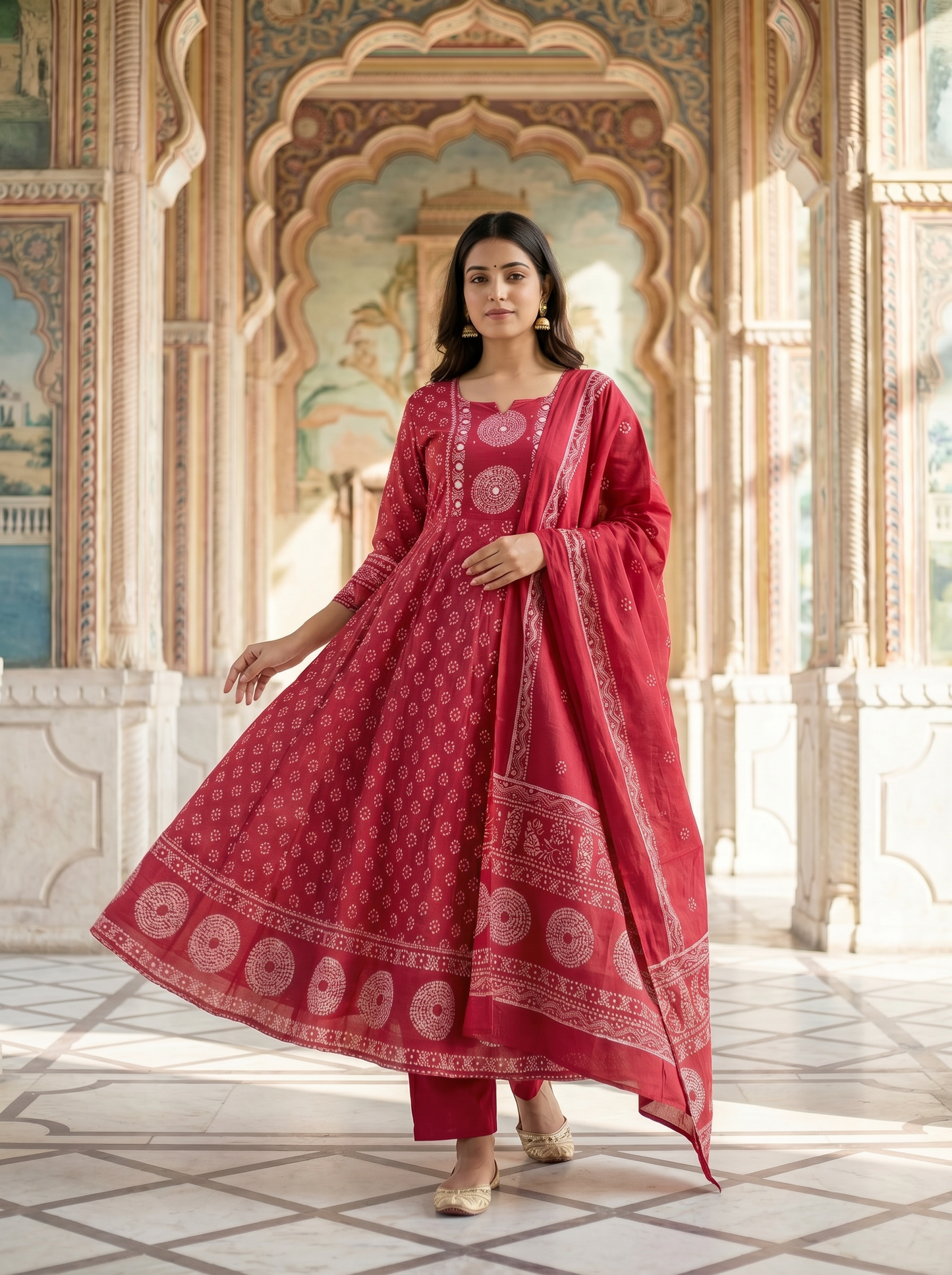 Crimson red Bandhani Print Anarkali Suit Set of 3 peices