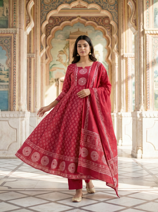 Crimson red Bandhani Print Anarkali Suit Set of 3 peices