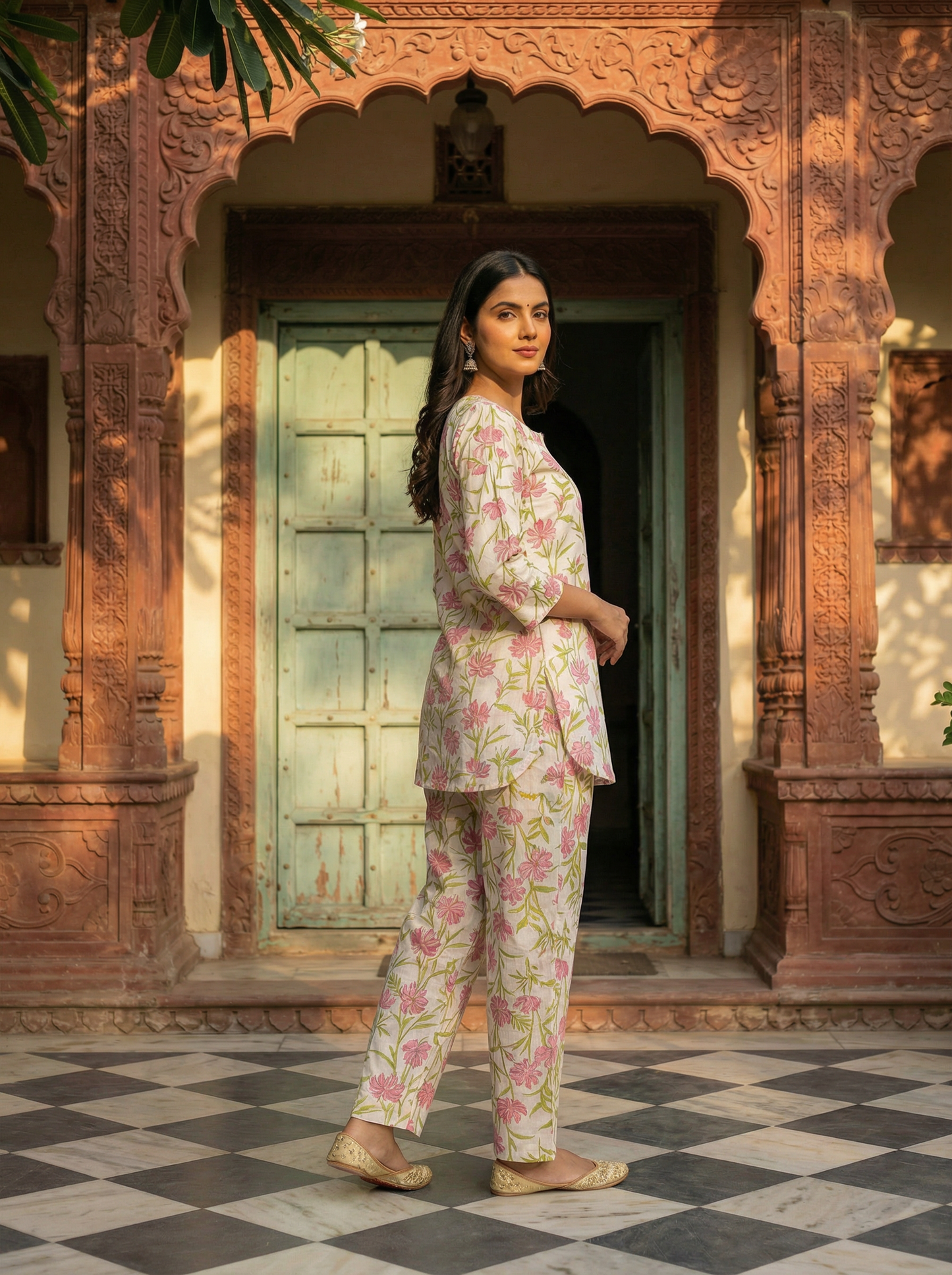 Ivory White Pure Cotton Floral Blush Block Print · 2-Piece Set
