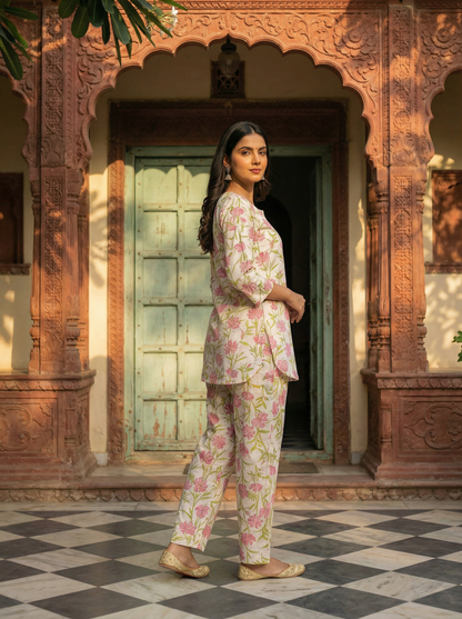 Ivory White Pure Cotton Floral Blush Block Print · 2-Piece Set